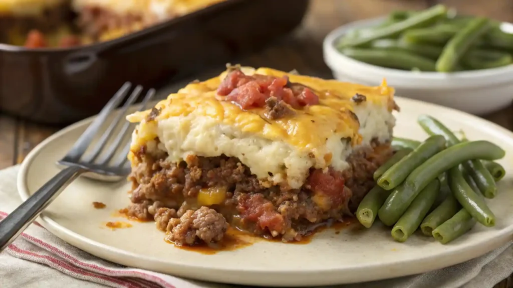 Close-up of a serving of cowboy casserole showing layers of meatloaf, mashed potatoes, and cheese.