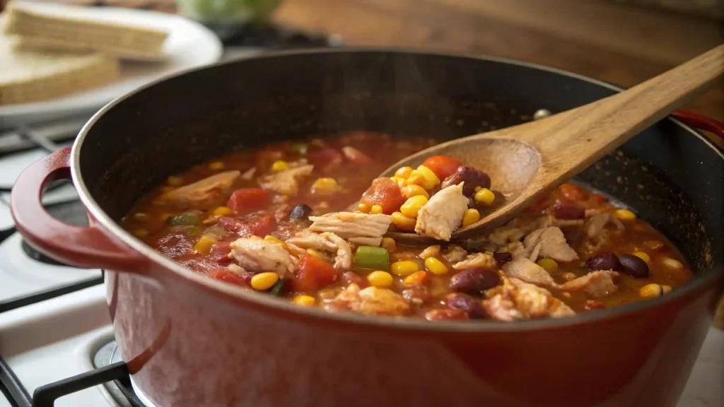 Panera copycat chicken tortilla soup simmering in a Dutch oven with visible beans, corn, and shredded chicken.