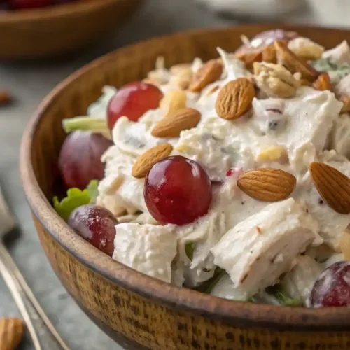 A close-up of a delicious Willow Tree chicken salad recipe with creamy dressing, shredded chicken, red grapes, and almonds.