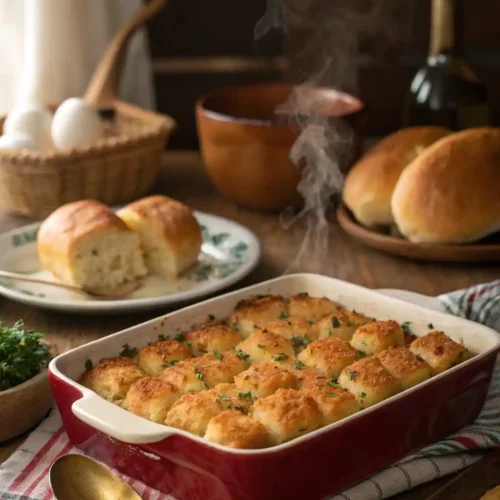 Golden tater tot tim walz hot dish recipe being served on a cozy dinner table with bread rolls.