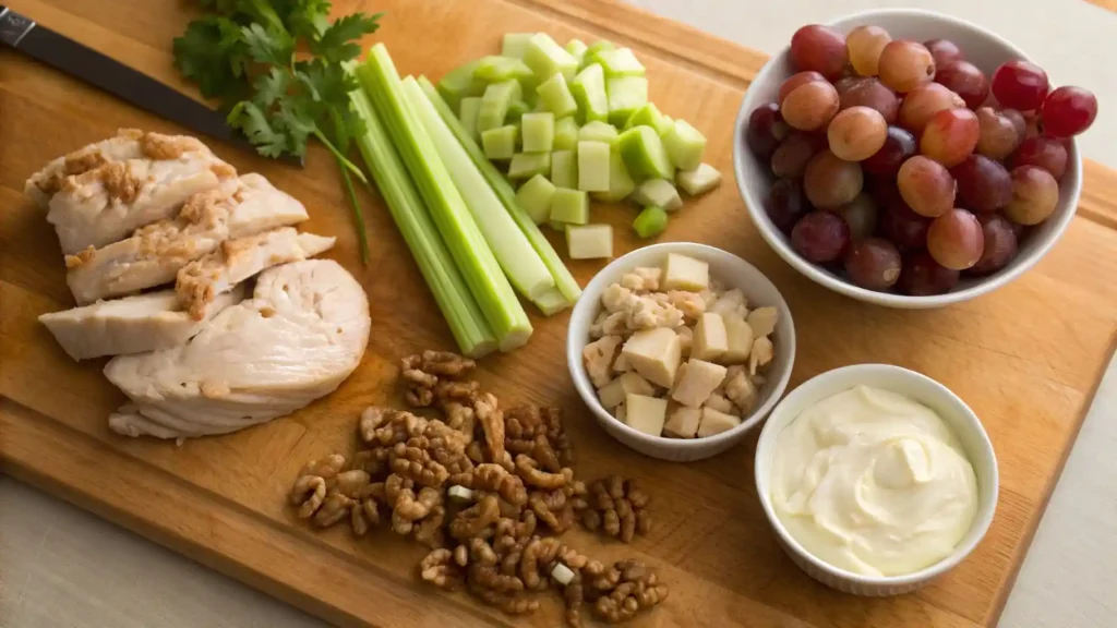 Ingredients for Ina Garten-style curry chicken salad laid out before preparation.